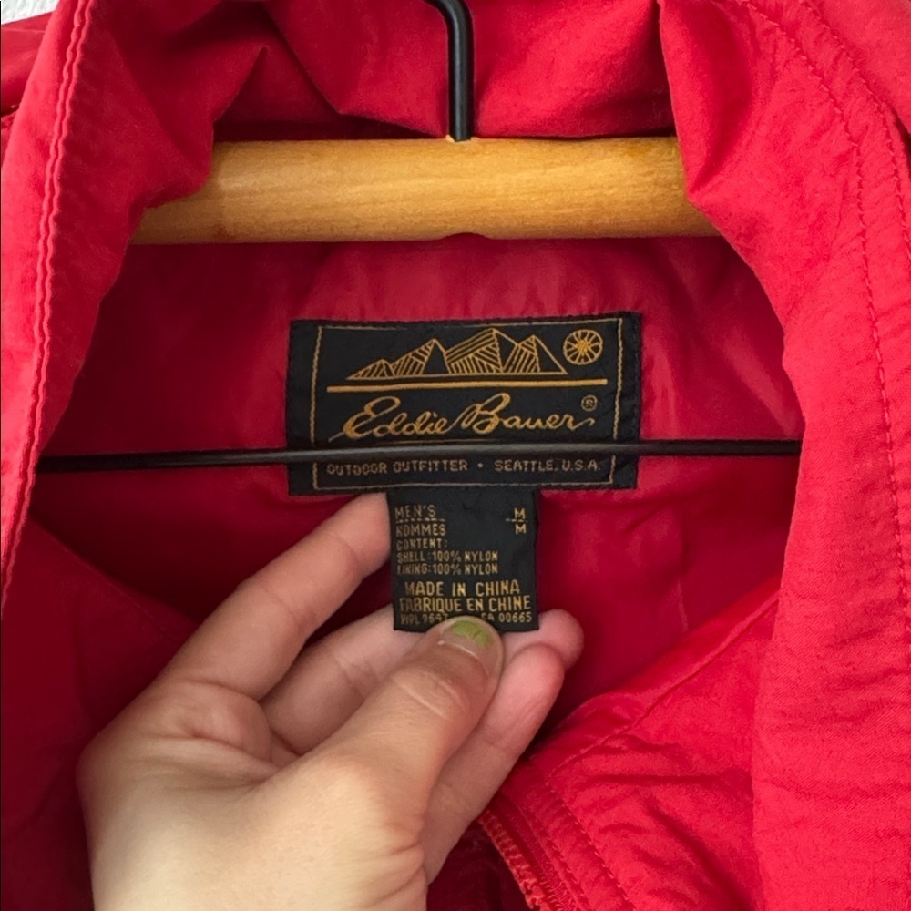 Vtg Eddie Bauer Rain Wind Jacket Mens L Red Hooded Lined Packable Lightweight - Picture 4 of 10